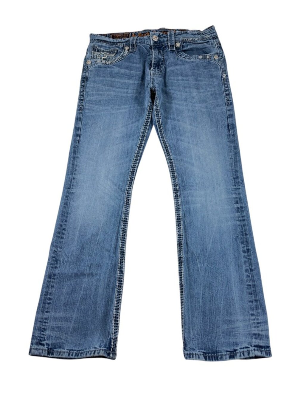 Rock Revival Blue Bootcut Jeans with Cream Embroidery